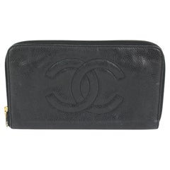 Chanel Black Caviar CC Logo L-Gusset Zip Around Wallet Long Zippy 1013cc26