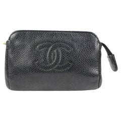 Chanel Black Caviar CC Logo Toiletry Pouch Cosmetic Case 48ck44