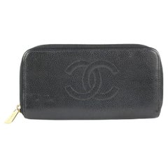 Chanel Black Caviar CC Logo Zip Around Continental Wallet L Gusset 290cas513