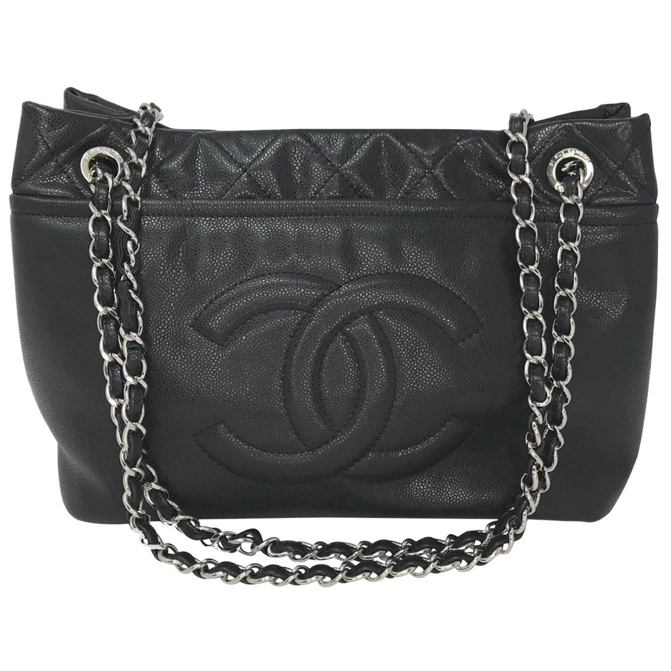 CHANEL Timeless CC Soft Quilted Caviar Leather Shopping Tote Bag Black