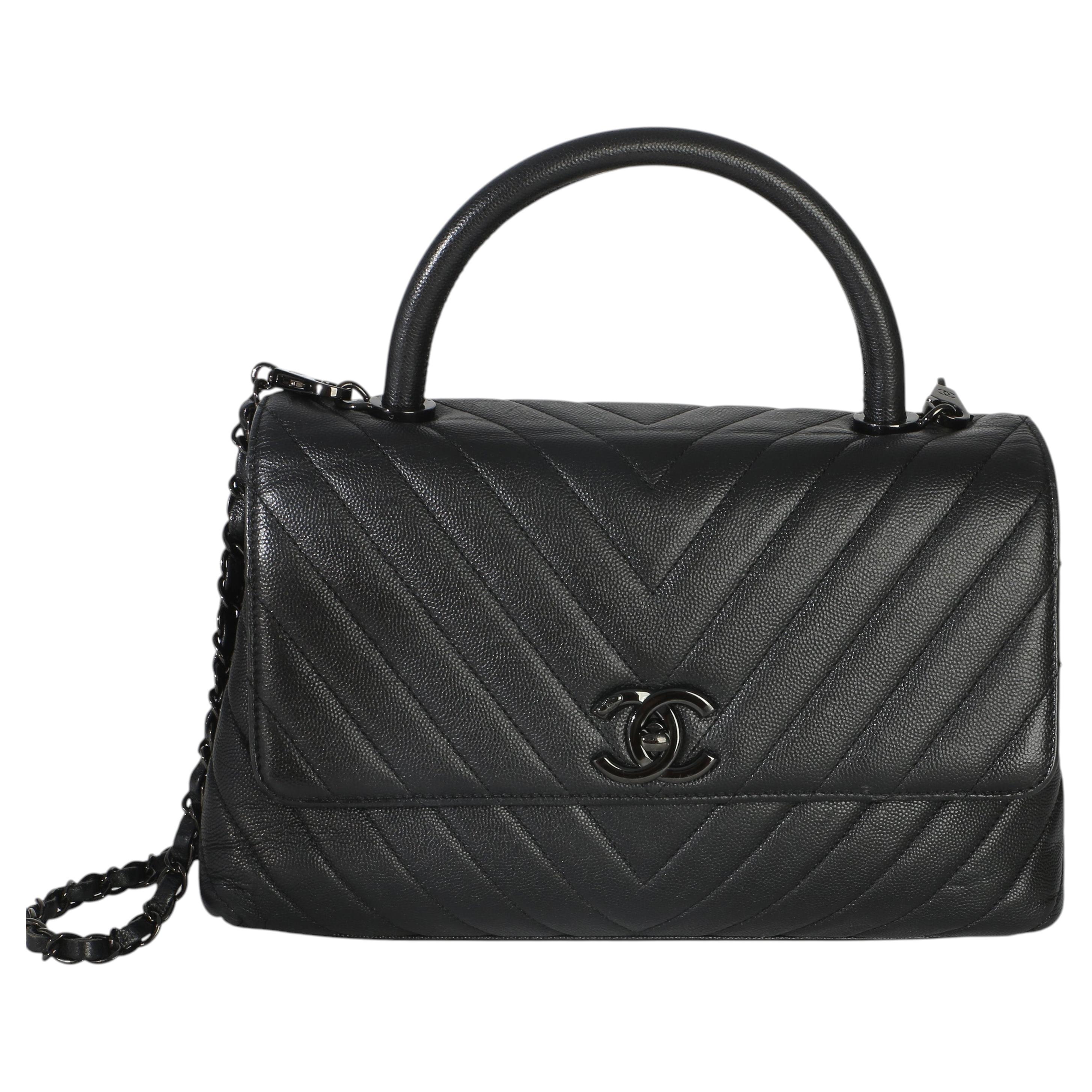 Chanel Black Caviar Chevron So Black Small Coco Top Handle Bag
