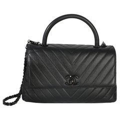 Chanel Black Caviar Chevron So Black Small Coco Top Handle Bag