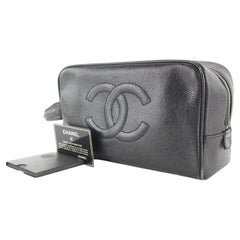 Chanel '18 Black Caviar Leather Curvy Classic Pouch Cosmetic Bag For Sale  at 1stDibs