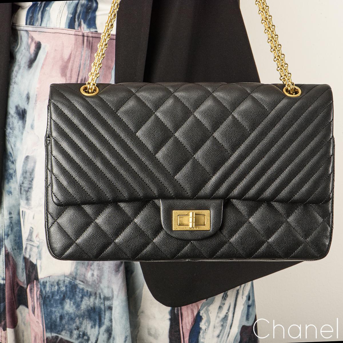 Chanel Black Caviar Jumbo Chevron Quilted 2.55 Reissue Double Flap Bag 2