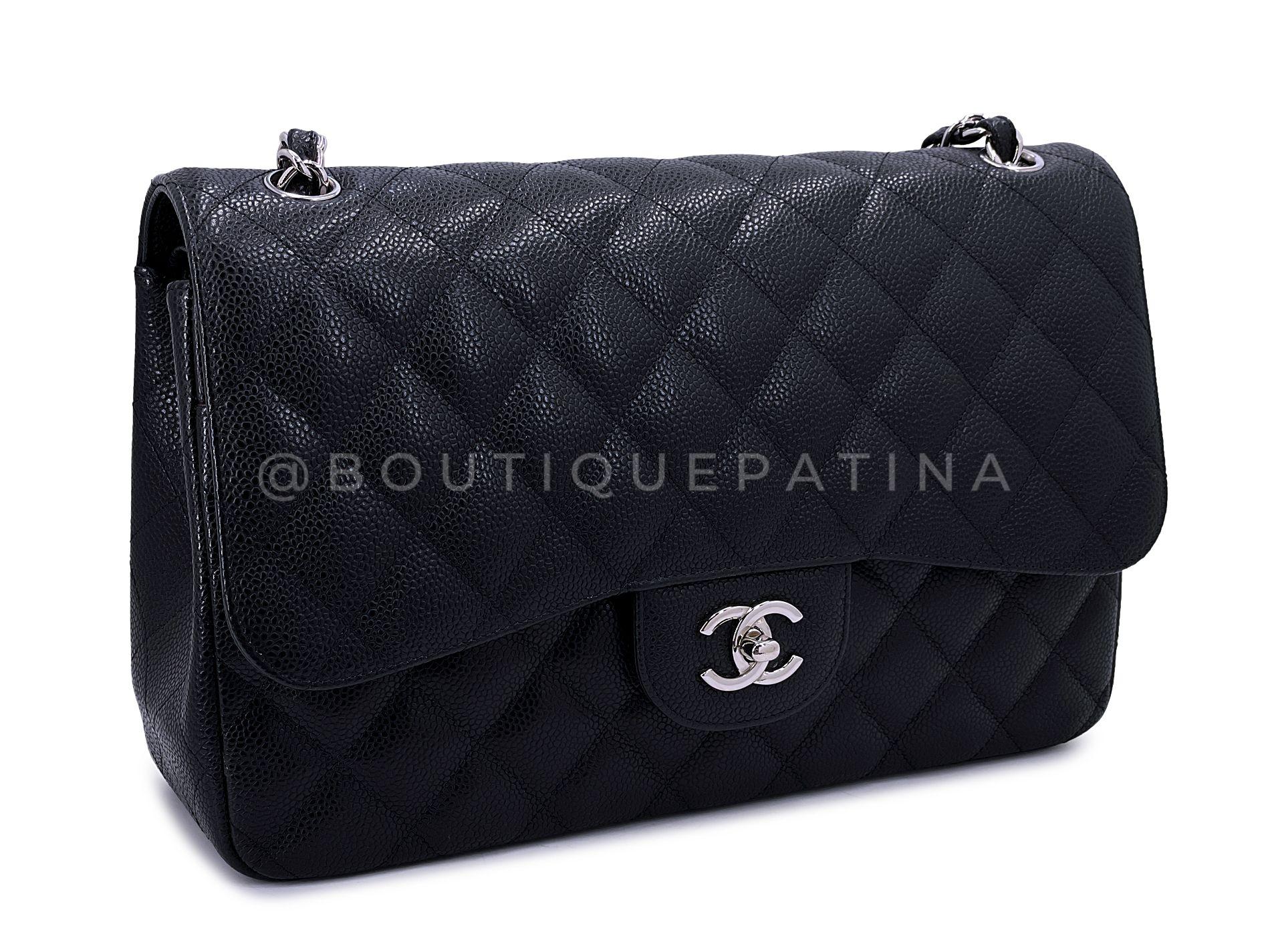 Chanel Black Caviar Jumbo Classic Double Flap Bag SHW 66170 In Excellent Condition For Sale In Costa Mesa, CA