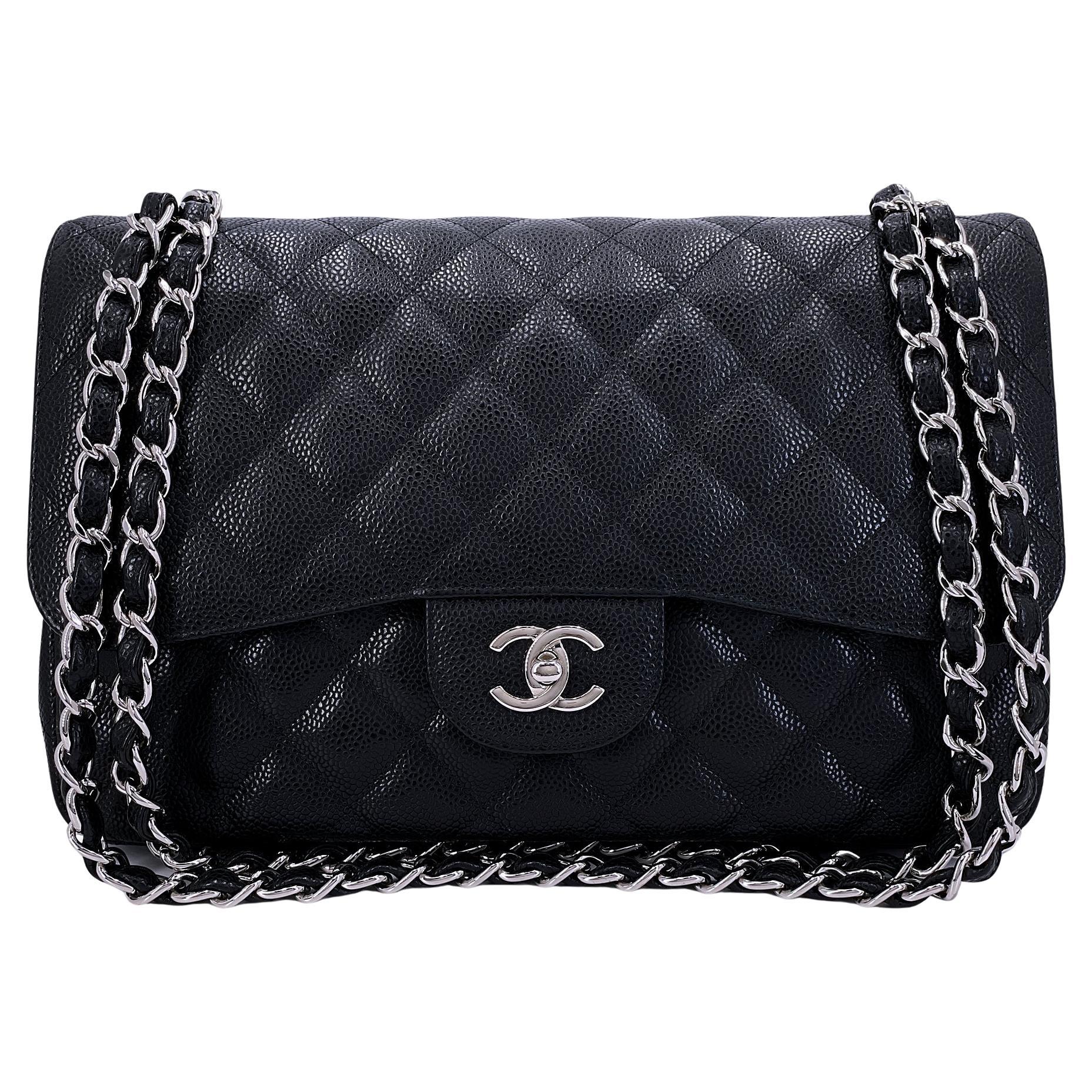 Chanel Black Caviar Jumbo Classic Double Flap Bag SHW 66170 For Sale