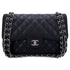 Chanel Noir Caviar Jumbo Classic Double Flap Bag SHW 66170