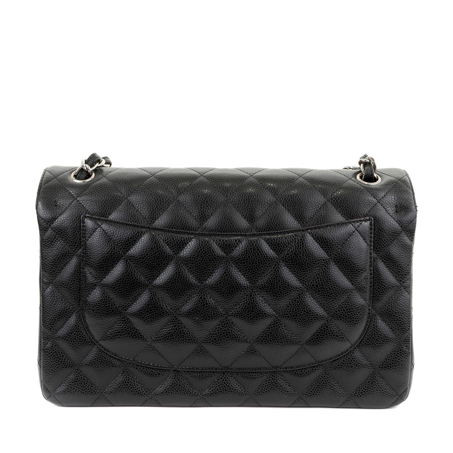 Women's Chanel Black Caviar Jumbo Classic Flap Bag with Silver Hardware For Sale