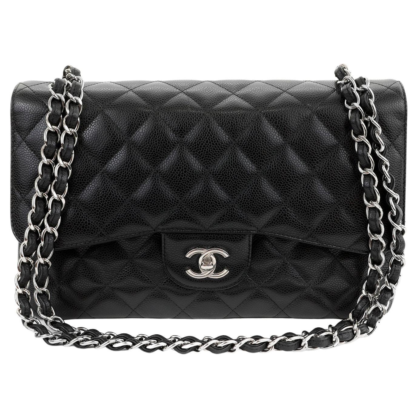 Chanel Black Caviar Jumbo Classic Flap Bag with Silver Hardware For Sale