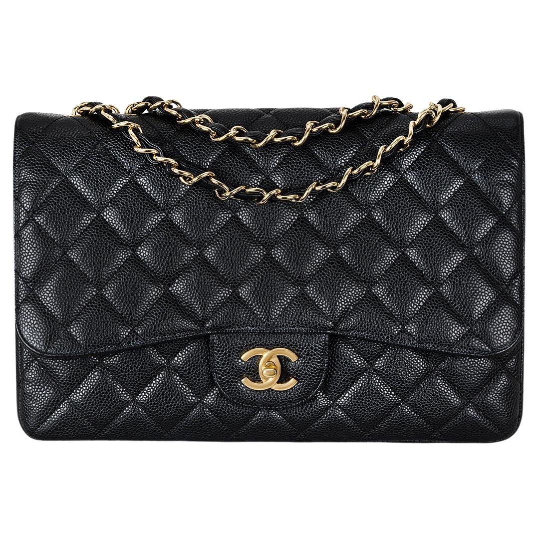 Chanel Black Caviar Jumbo Classic Single Flap Bag For Sale