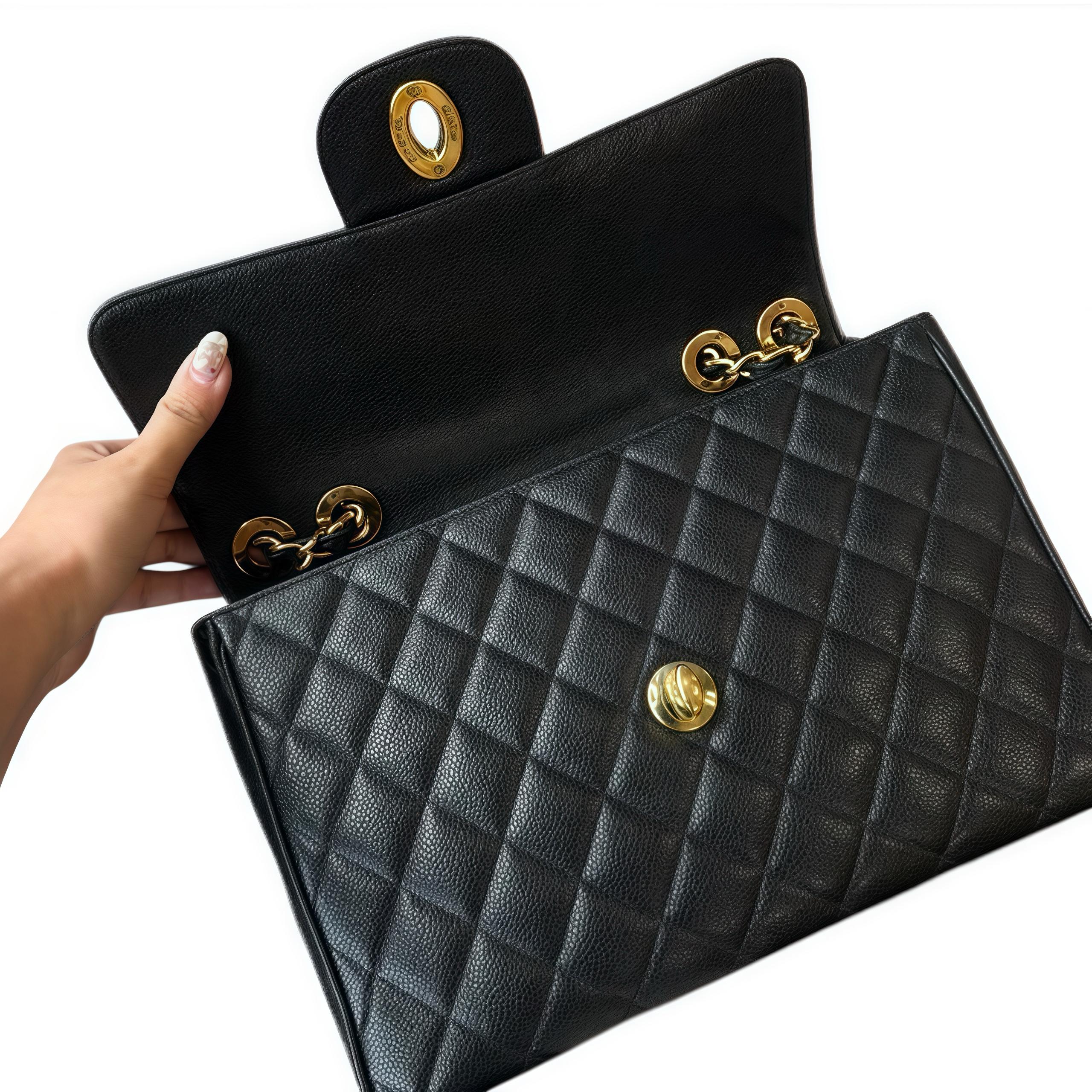 Chanel Caviar Negro Jumbo Piel Vintage Jumbo 30 Bolso Solapa Clásico en Bueno estado para la venta en Rowland Heights, CA