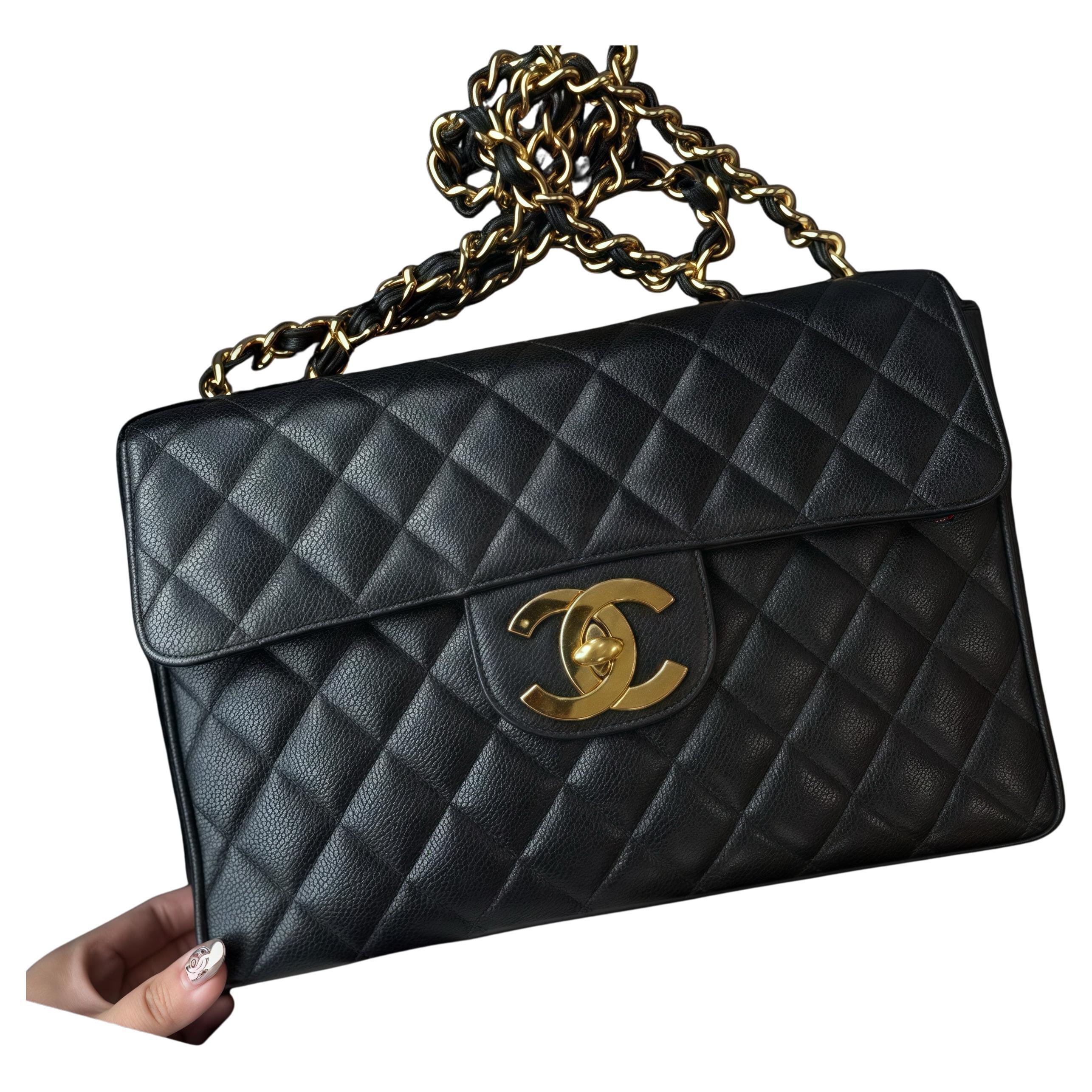 Chanel Caviar Negro Jumbo Piel Vintage Jumbo 30 Bolso Solapa Clásico