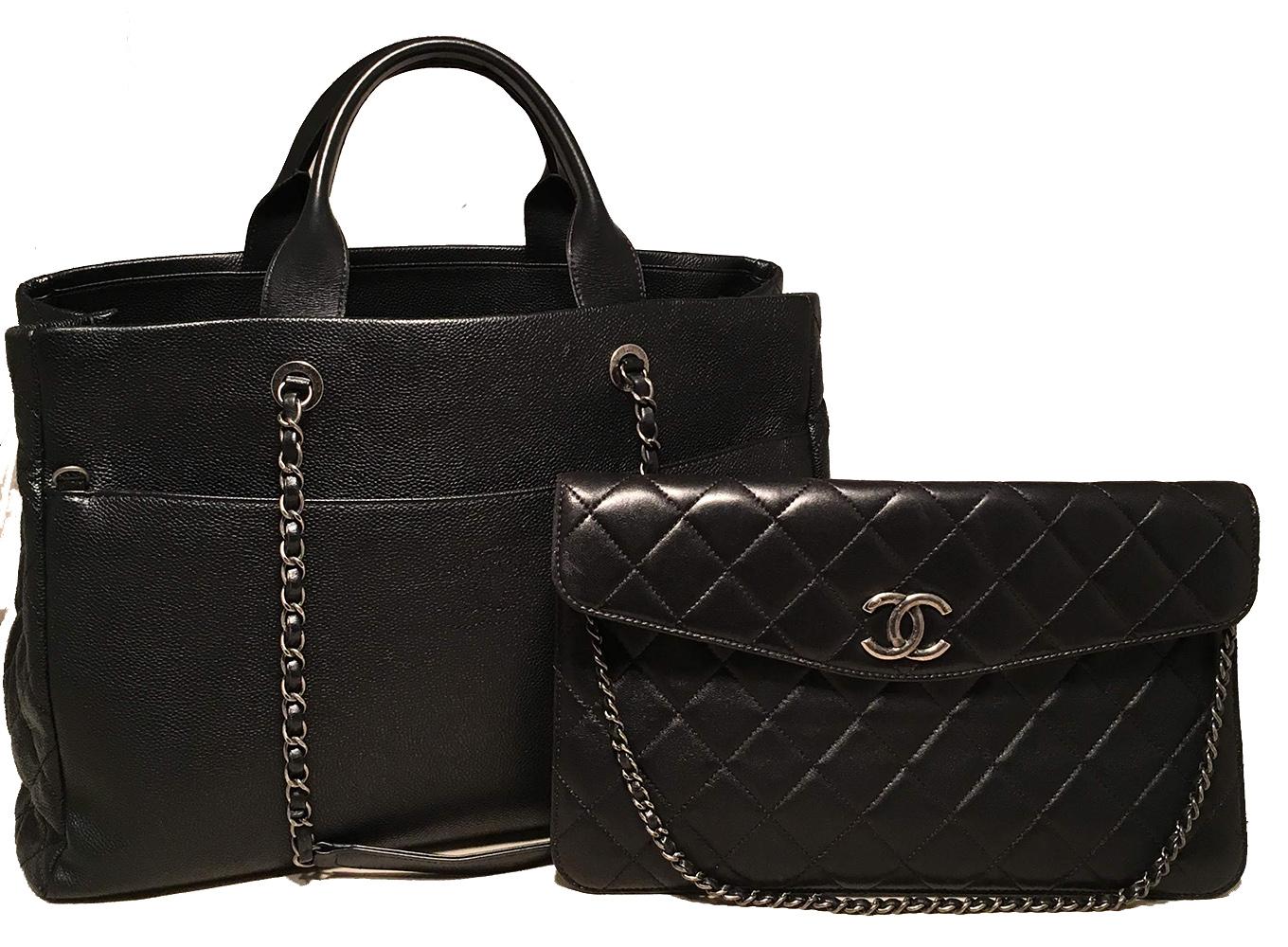 Chanel Black Caviar & Lambskin Coco Break Shopping Bag 2 in 1 Tote with Clutch in very good condition. This 2 in 1 tote is a black caviar shopping bag with a removable black lambskin clutch/shoulder bag. Black caviar tote exterior trimmed with