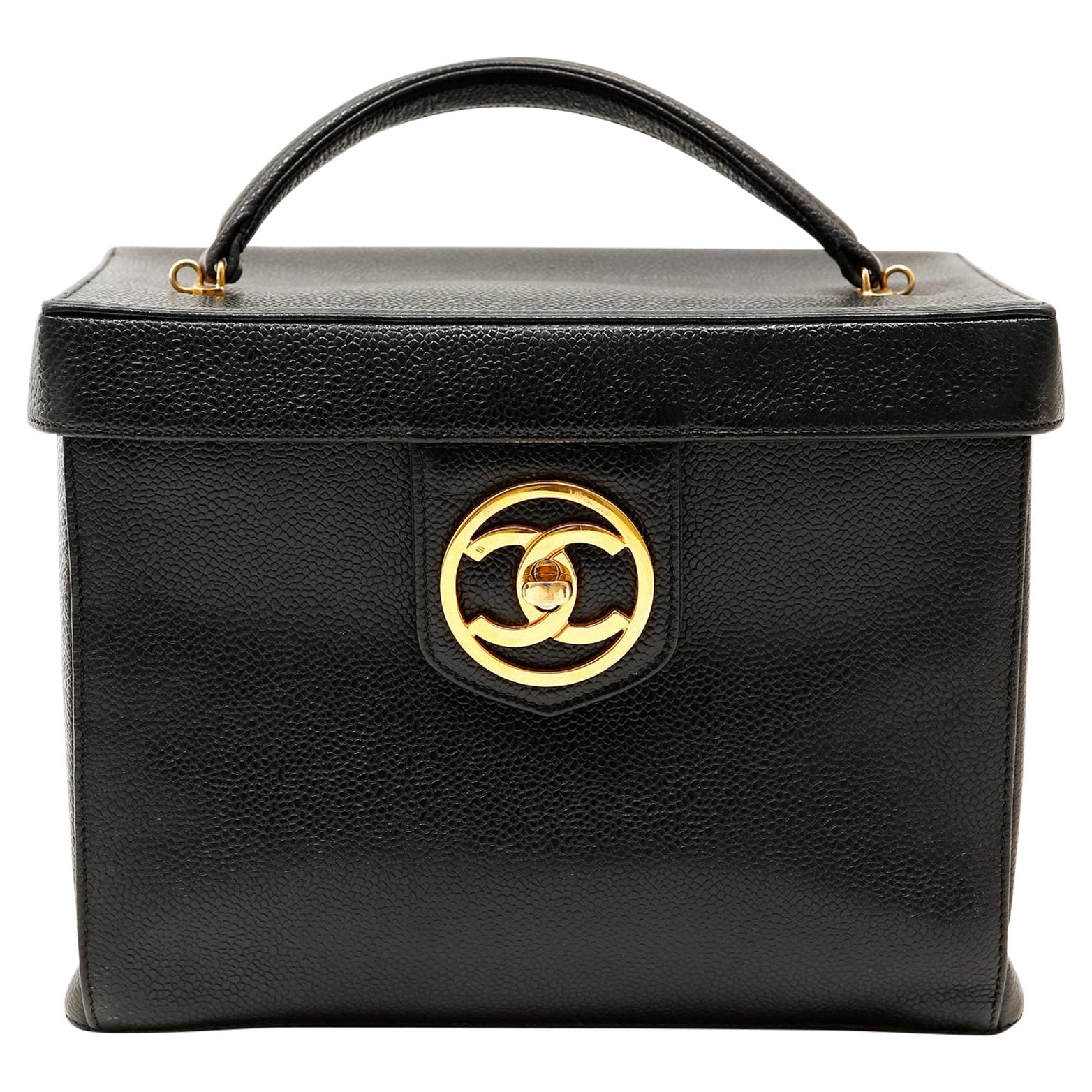 CHANEL 20S Filigree Beige Black Caviar Small Vanity Case Light Gold Ha   AYAINLOVE CURATED LUXURIES