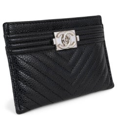 CHANEL black Caviar leather BOY CREDIT CARD Wallet Holder