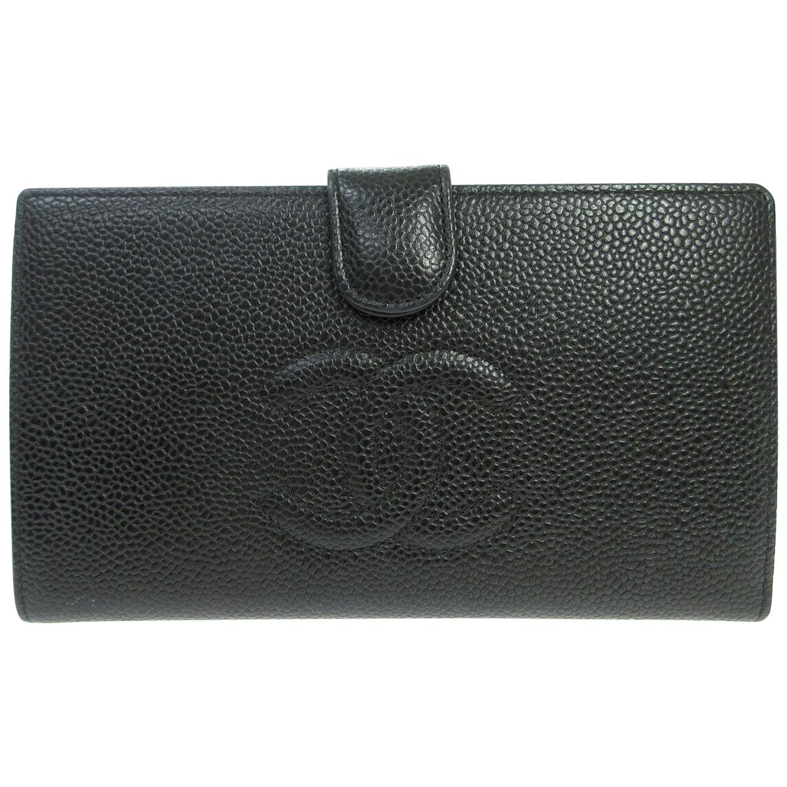 Chanel Black Caviar Leather CC Evening Envelope Clutch Wallet in Box For Sale
