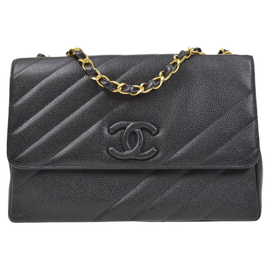 CHANEL Black Caviar Leather CC Gold Hardware Jumbo Shoulder Flap Bag 