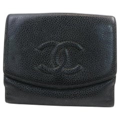 Vintage Chanel Black Caviar Leather CC Logo Coin Purse Compact Wallet 862298