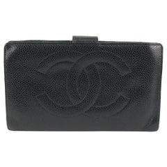 Used Chanel Black Caviar Leather CC Logo Flap Long Wallet 1213c18