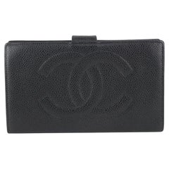 Used Chanel Black Caviar Leather CC Logo Long Flap Wallet 104c55