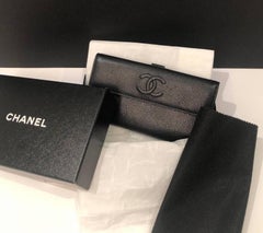 CHANEL Black Caviar Leather CC Logo Long Snap Bifold Wallet 2010 W/Box