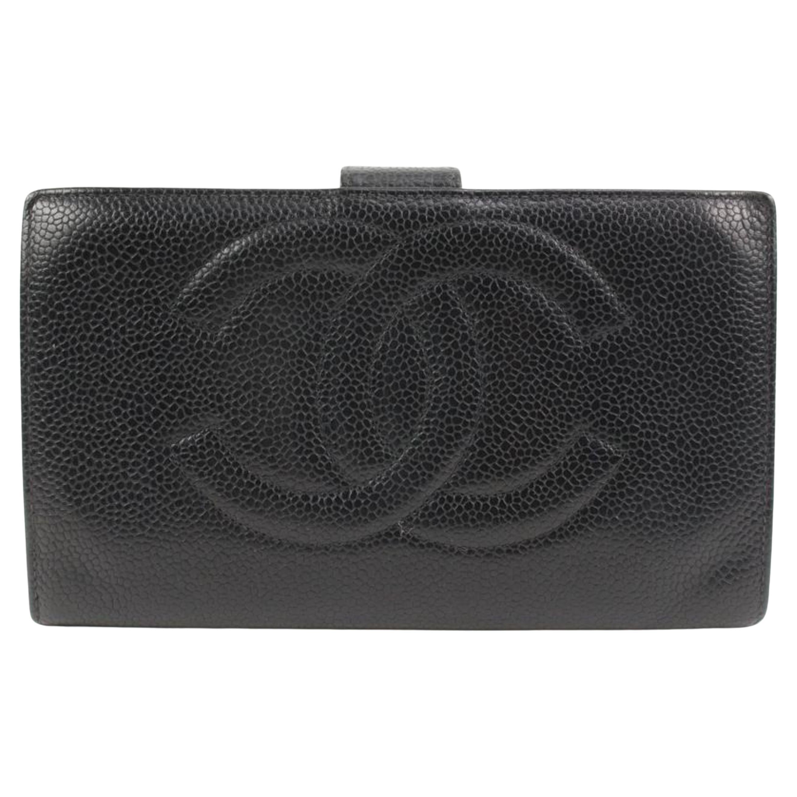 Chanel Black Caviar Leather CC Logo Long Snap Bifold Wallet 53ck32s For Sale