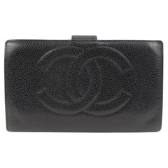 Chanel Schwarz Kaviar Leder CC Logo Lange Snap Bifold Geldbörse 53ck32s