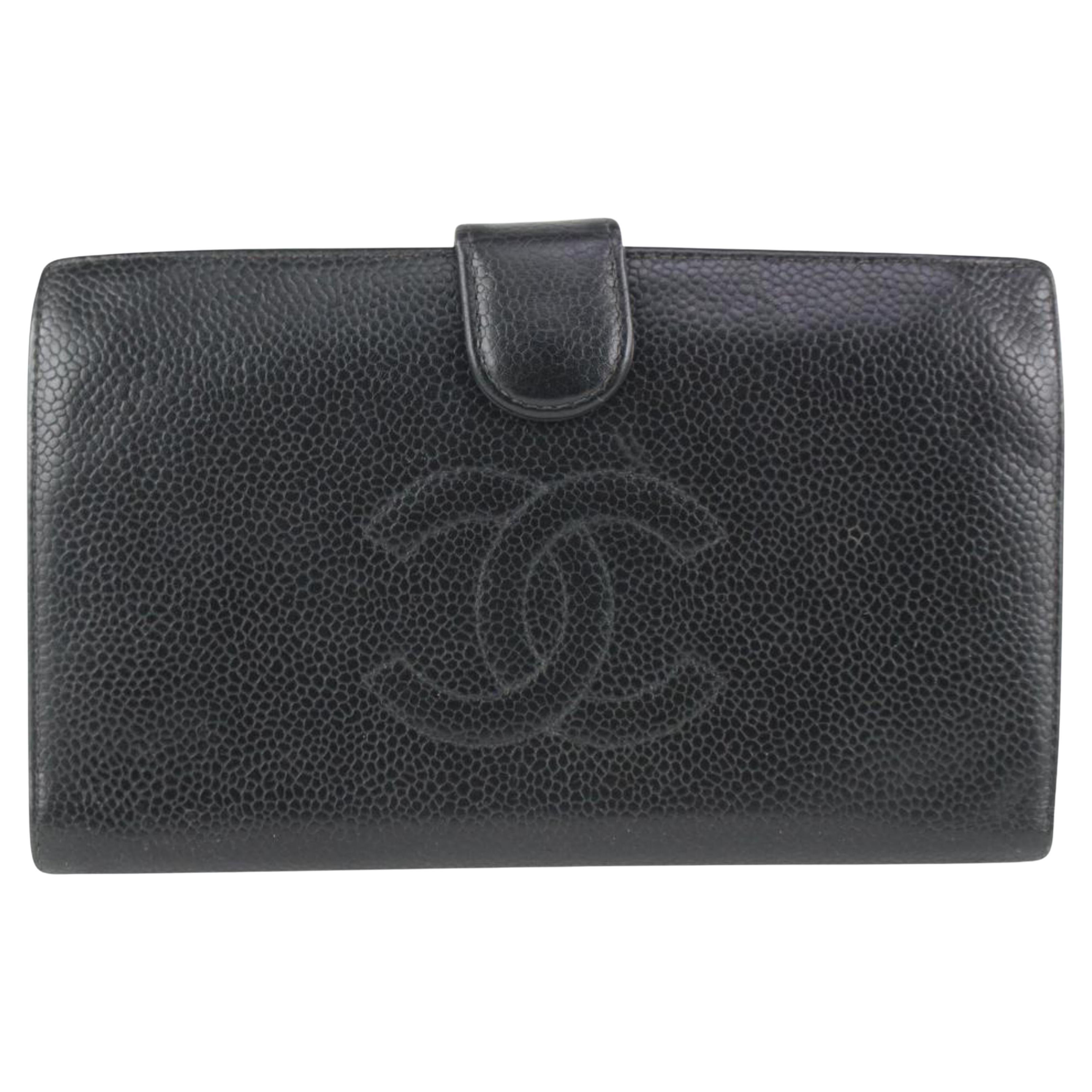 Chanel Schwarzes Kaviarleder CC Logo langes Portemonnaie 122c2 im Angebot