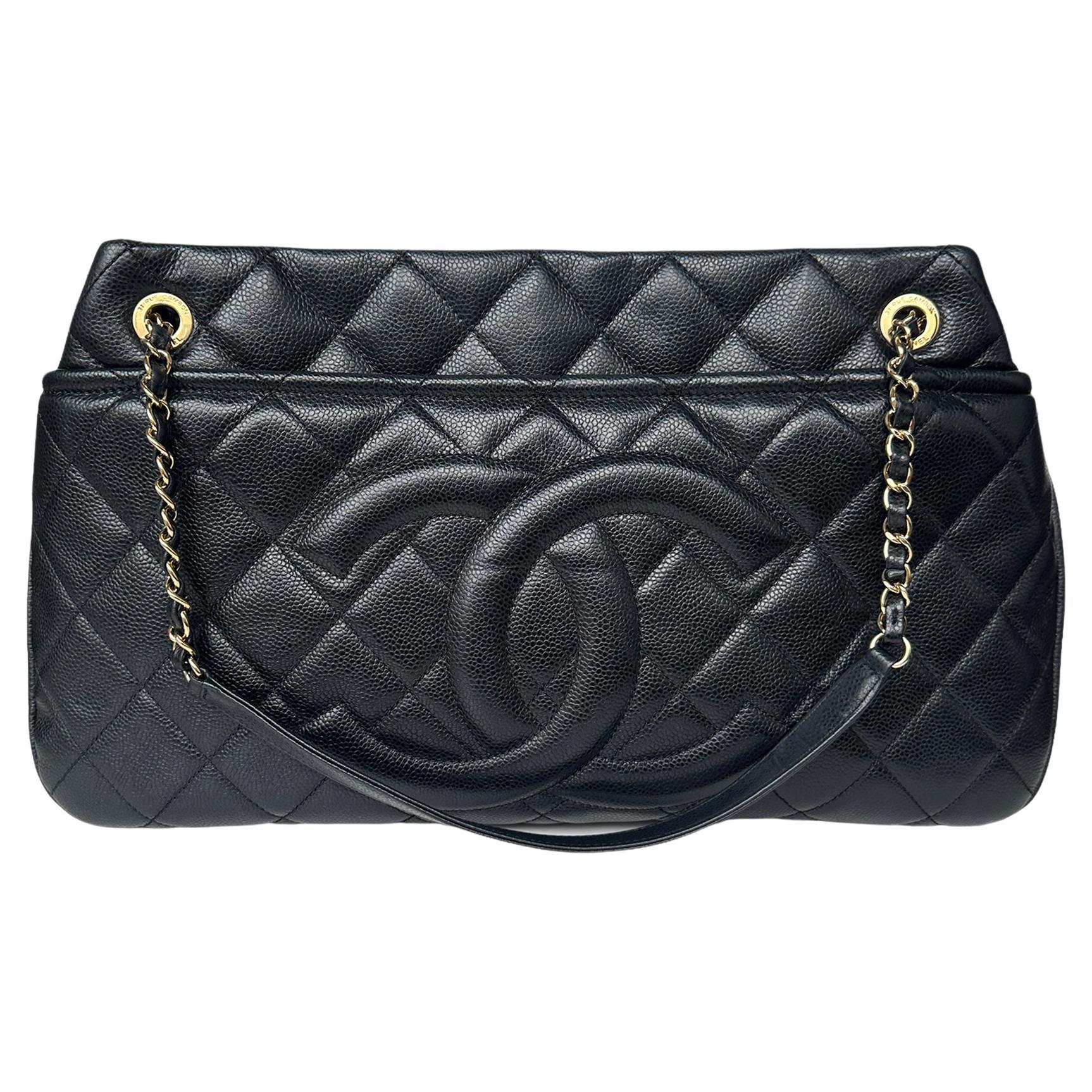 Chanel Black Caviar Leather CC Logo Timeless Soft Shopper Tote Bag For Sale  at 1stDibs