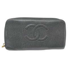 Vintage Chanel Black Caviar Leather CC Logo Zippy L-Gusset Wallet 862536