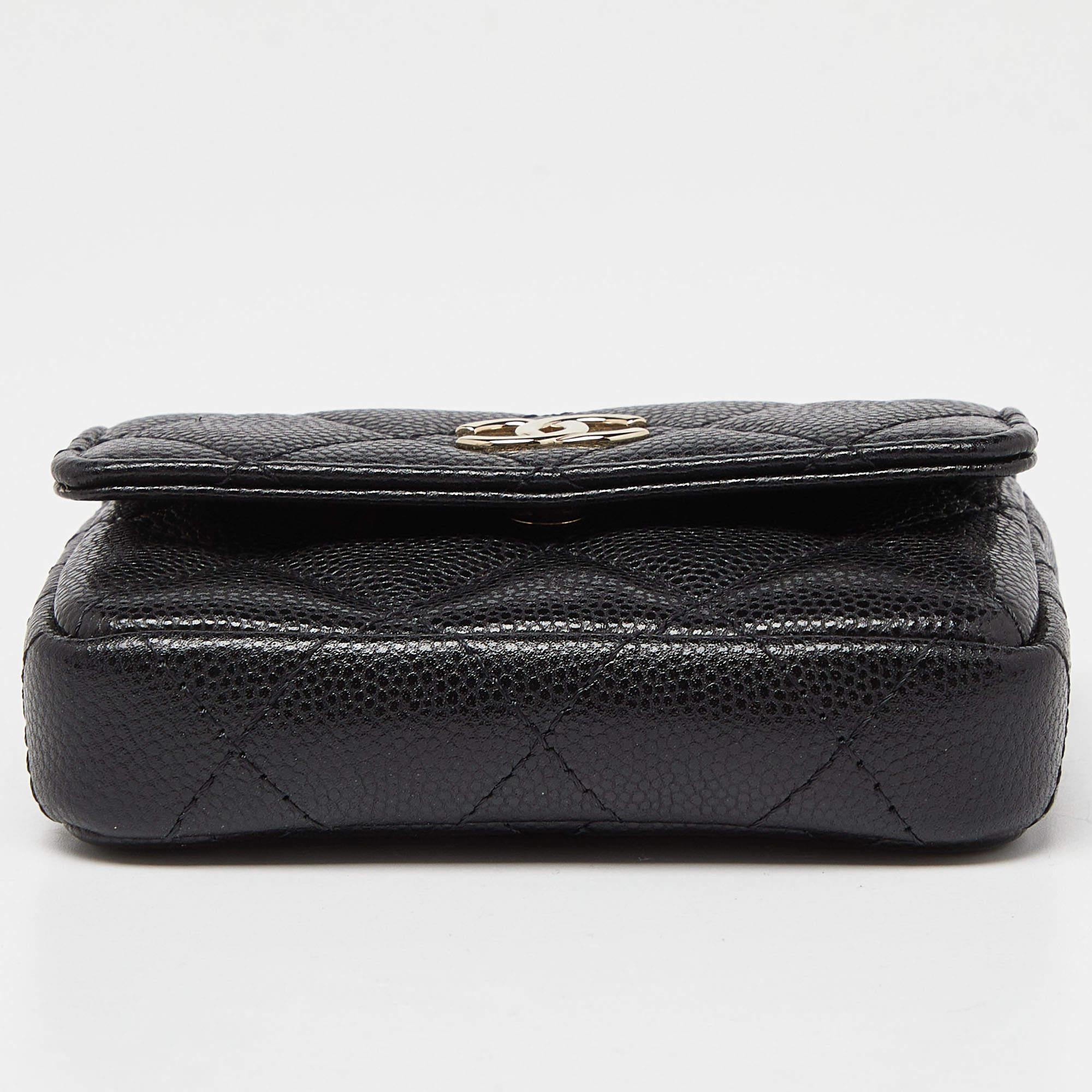 Women's Chanel Black Caviar Leather CC Pearl Flap Chain Coin Purse