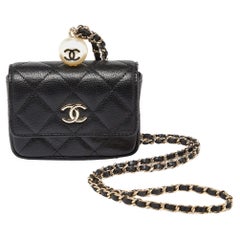 Chanel Black Caviar Leather CC Pearl Flap Chain Coin Purse