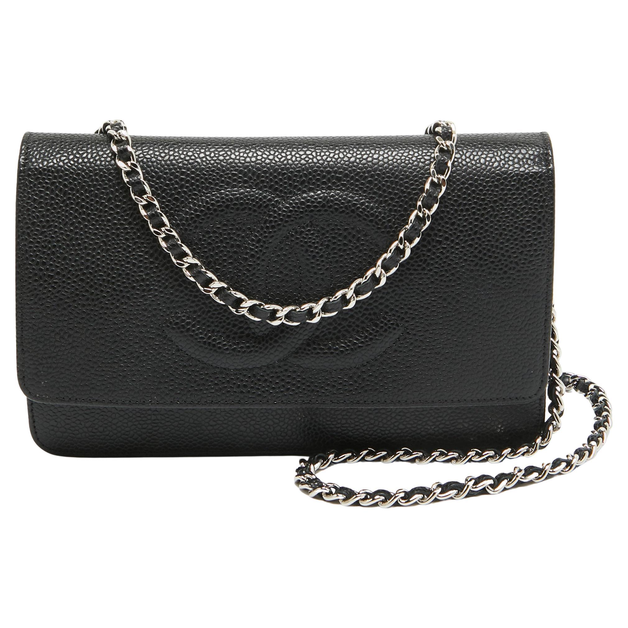 Chanel Black Caviar Leather CC Timeless Wallet On Chain