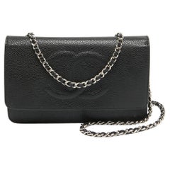 Chanel Schwarz Kaviar Leder CC Timeless Geldbörse auf Kette