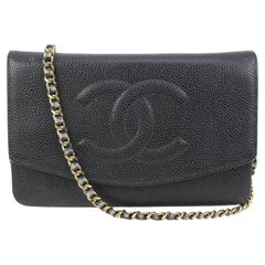 Chanel Schwarz Kaviar Leder CC Zeitlose Brieftasche an Kette WOC Goldtasche 93ck412s