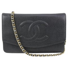 Chanel Black Caviar Leather CC Timeless Wallet on Chain WOC Gold Bag 93ck412s