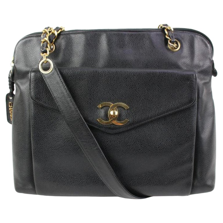 Chanel Black Caviar Leather CC Turnlock Zip Tote Shoulder Bag