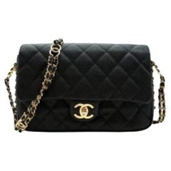 Chanel Black Caviar Leather Chain Around Flap Bag