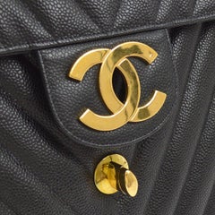 CHANEL Black Caviar Leather Chevron Gold Hardware Shoulder Maxi Flap Bag