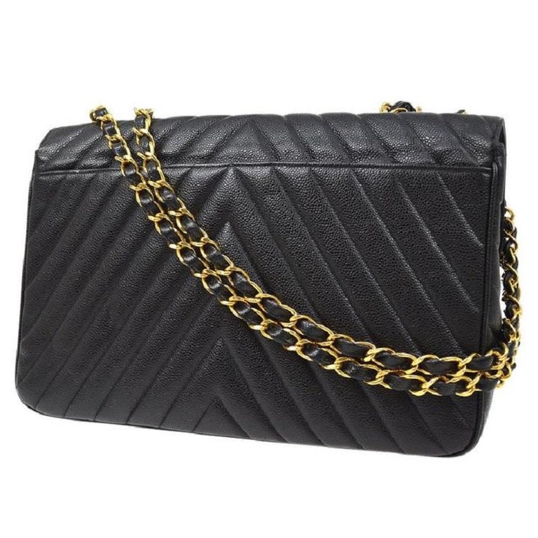 CHANEL Black Caviar Leather Chevron Gold Hardware Shoulder Maxi Flap Bag  For Sale at 1stDibs
