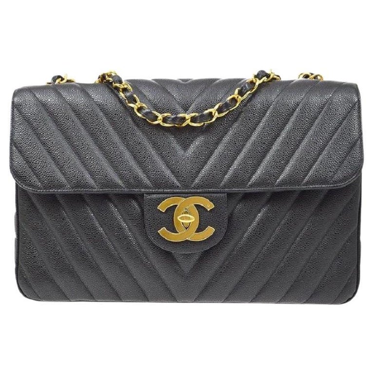 CHANEL Black Caviar Leather Chevron Gold Hardware Shoulder Maxi Flap Bag  For Sale at 1stDibs
