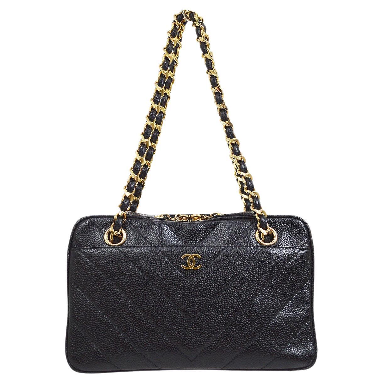 CHANEL Black Caviar Leather Chevron Gold Hardware Small Shoulder Tote Bag  For Sale at 1stDibs