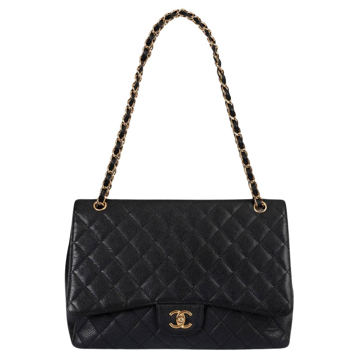CHANEL black Caviar leather CLASSIC MAXI SINGLE FLAP Shoulder Bag For Sale