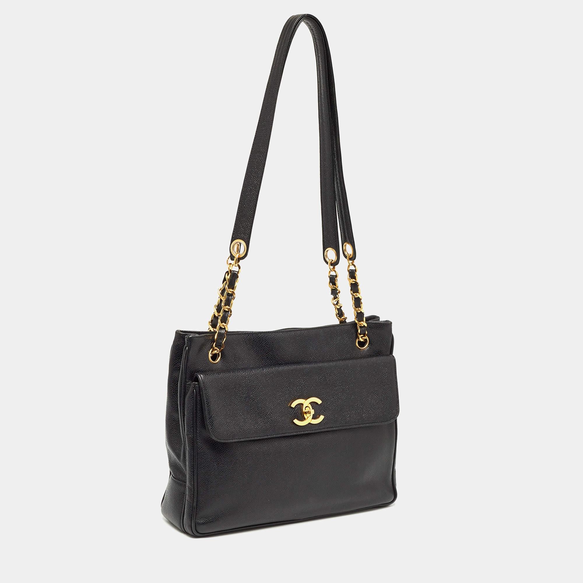 Women's Chanel Black Caviar Leather Classic Pocket Shoulder Bag For Sale