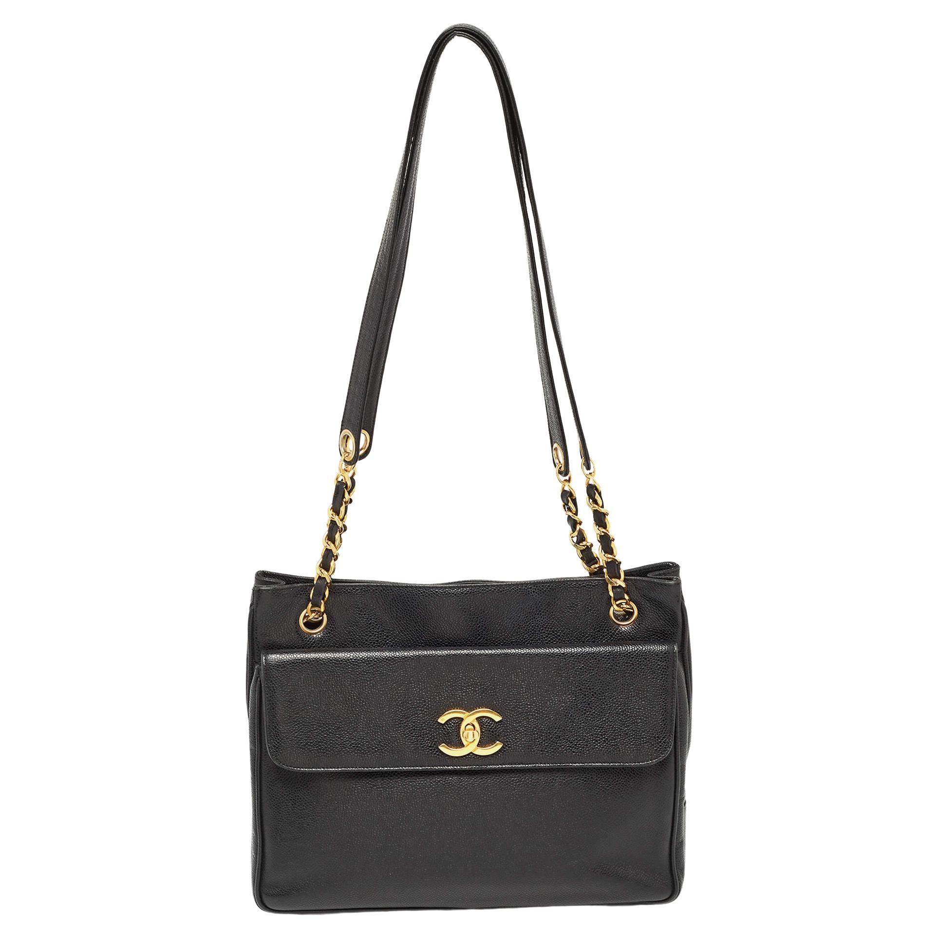 Chanel Black Caviar Leather Classic Pocket Shoulder Bag For Sale