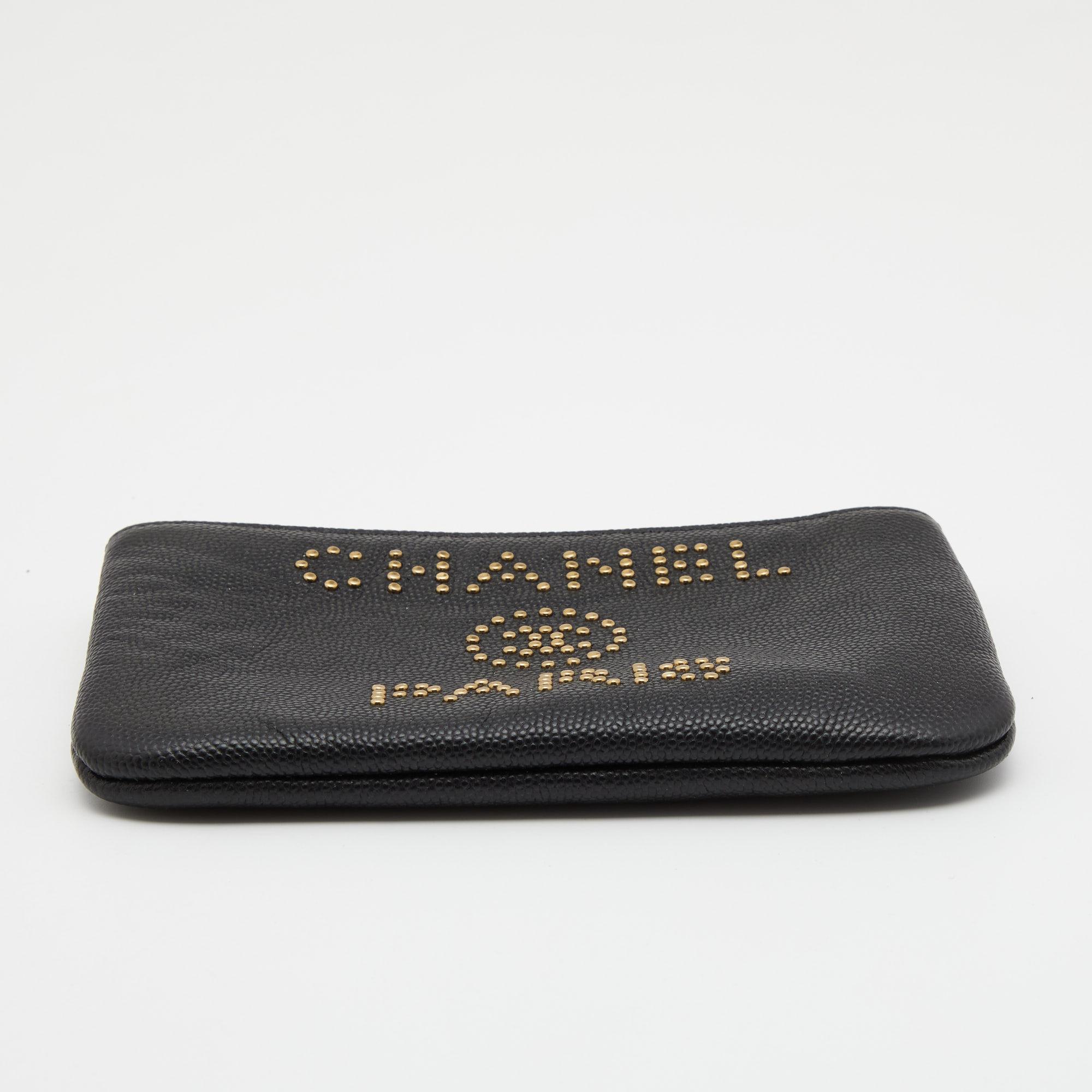 Chanel Black Caviar Leather Deauville Studded Zip Case In Good Condition In Dubai, Al Qouz 2