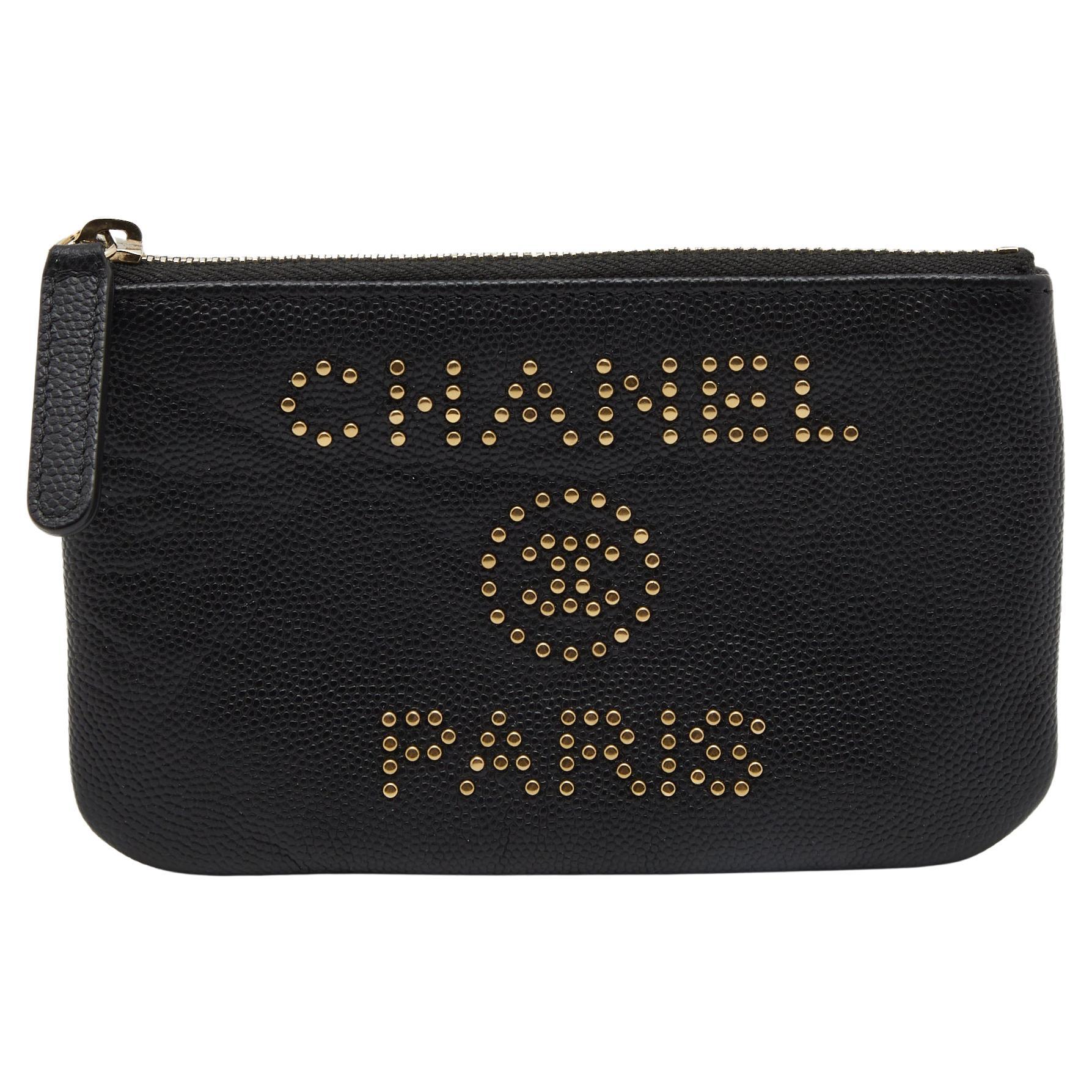 Chanel Black Caviar Leather Deauville Studded Zip Case
