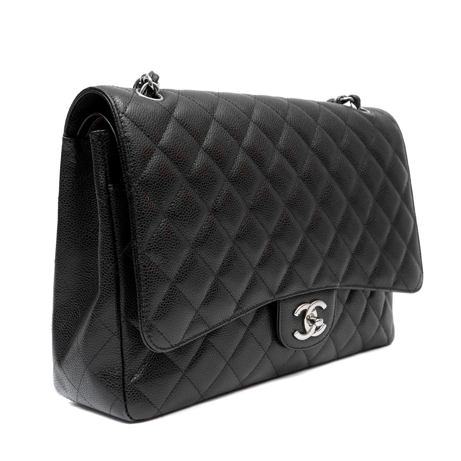 Chanel Black Caviar Leather Double Flap Maxi  In Good Condition For Sale In Palm Beach, FL