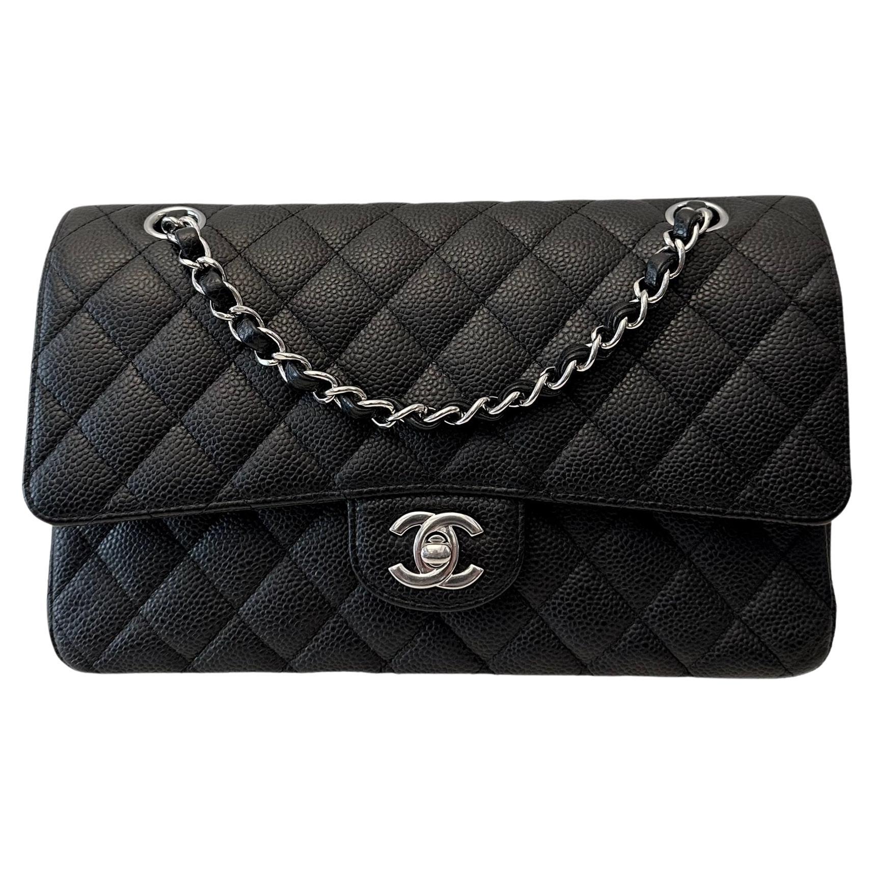 Chanel Black Caviar Leather Double Flap Medium Timeless Classic Bag