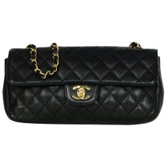 Chanel Black Caviar Leather East/West Classic Quilted Flap Bag